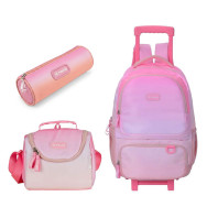 Pack Scolaire Dégradé Rose Candy - 3 Pièces -Sac à Roulettes & Sac Repas & Trousse - HK801
