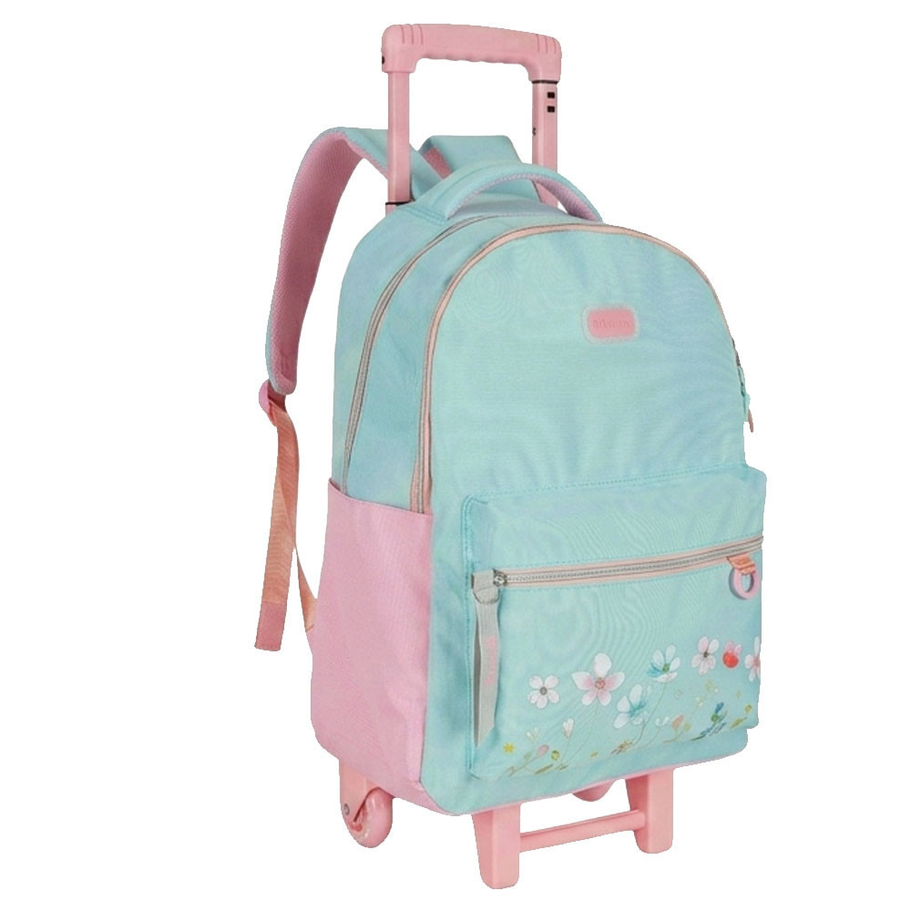 Sac à dos scolaire à roulettes - Vert menthe et rose poudré Pastel Floral - P25G3-3157A