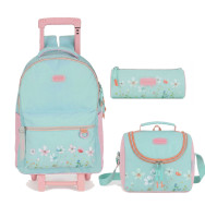 Pack scolaire - Vert menthe et rose poudré Pastel Floral -3 Pièces -Sac à Roulettes & Sac Repas & Trousse- P25G3