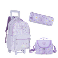 Pack scolaire -Motif floral violet pastel- 3 Pièces -Sac à Roulettes & Sac Repas & Trousse - P25G7
