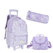 Pack scolaire -Motif floral violet pastel- 3 Pièces -Sac à Roulettes & Sac Repas & Trousse - P25G7