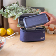 Contient un récipient rectangulaire avec couvercle bleu marine